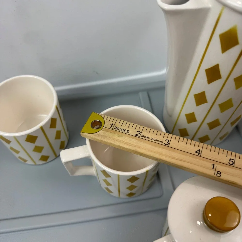 VTG Royal Sealy Harlequin Diamond Coffee Tea Set White Mustard MCM Ceramic 9pc